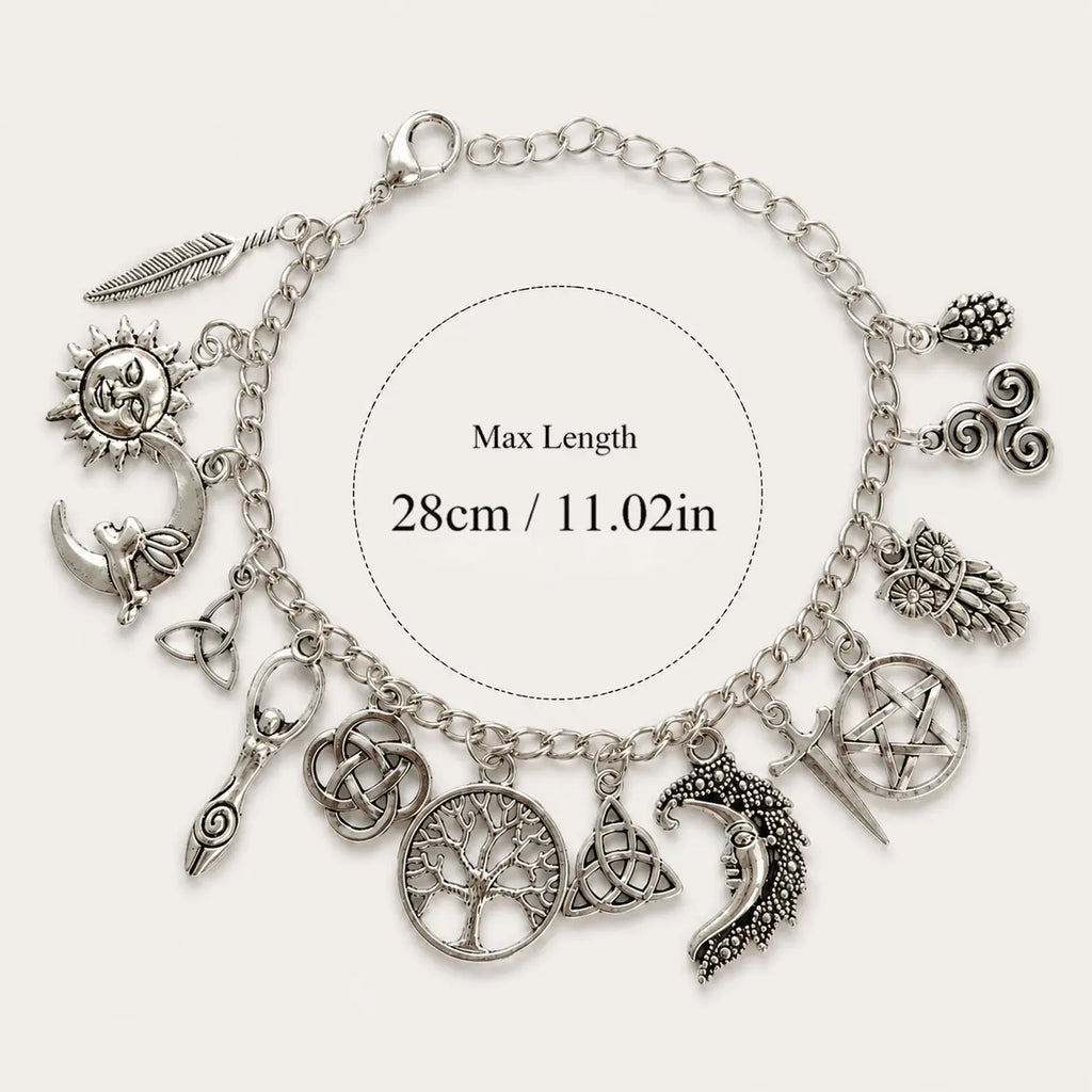 Vintage Witchy Charm Bracelet -Moon, Sun & Tree of Life Sliver Bracelet 
