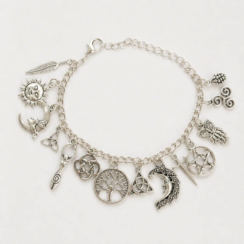 Vintage Witchy Charm Bracelet -Moon, Sun & Tree of Life Sliver Bracelet 