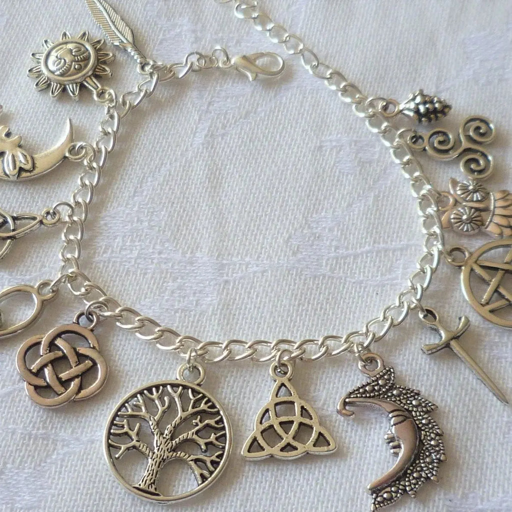 Vintage Witchy Charm Bracelet -Moon, Sun & Tree of Life Sliver Bracelet 